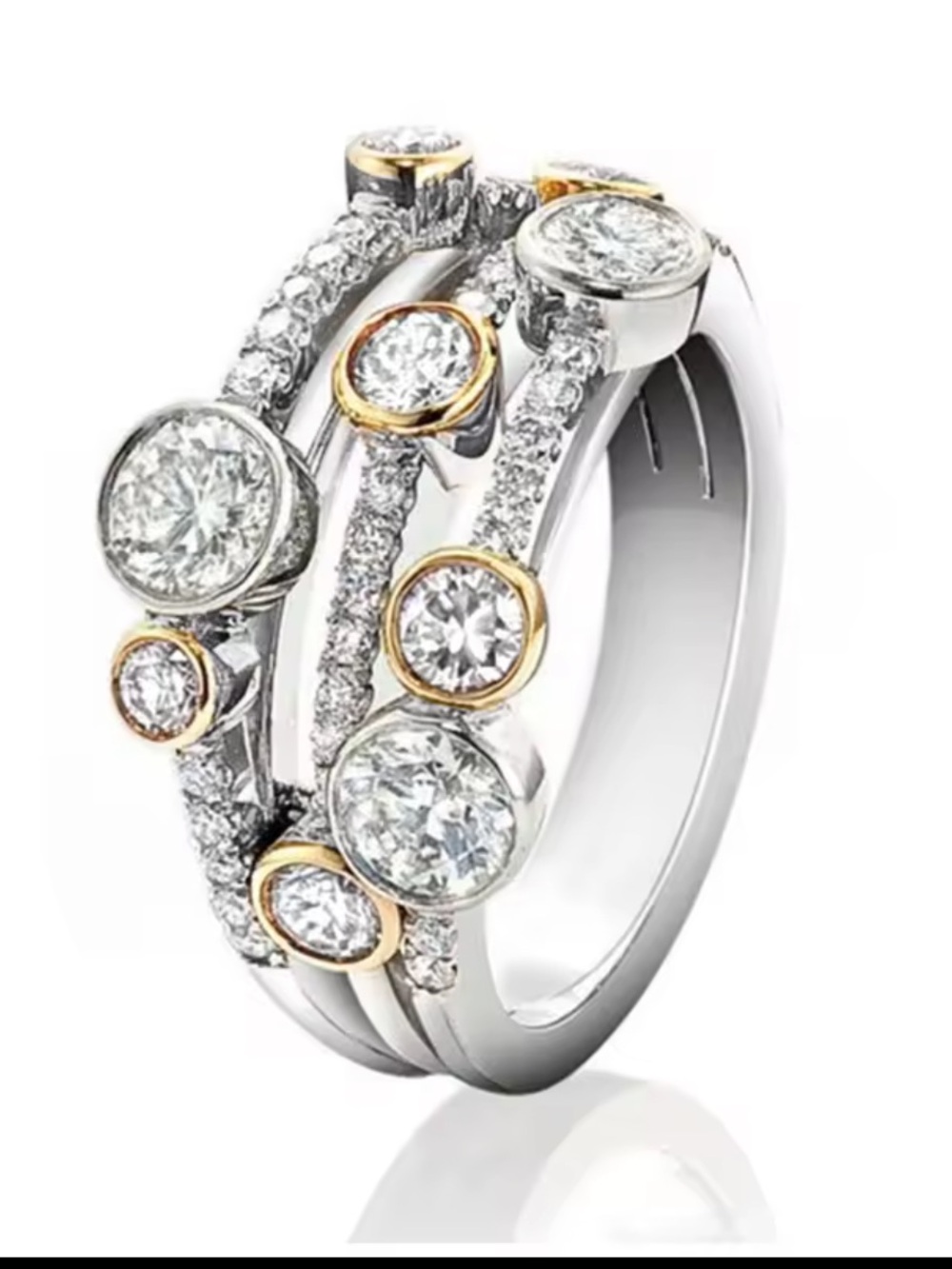 Vintage Two-Tone White and Gold Diamond Multi-Row Ring